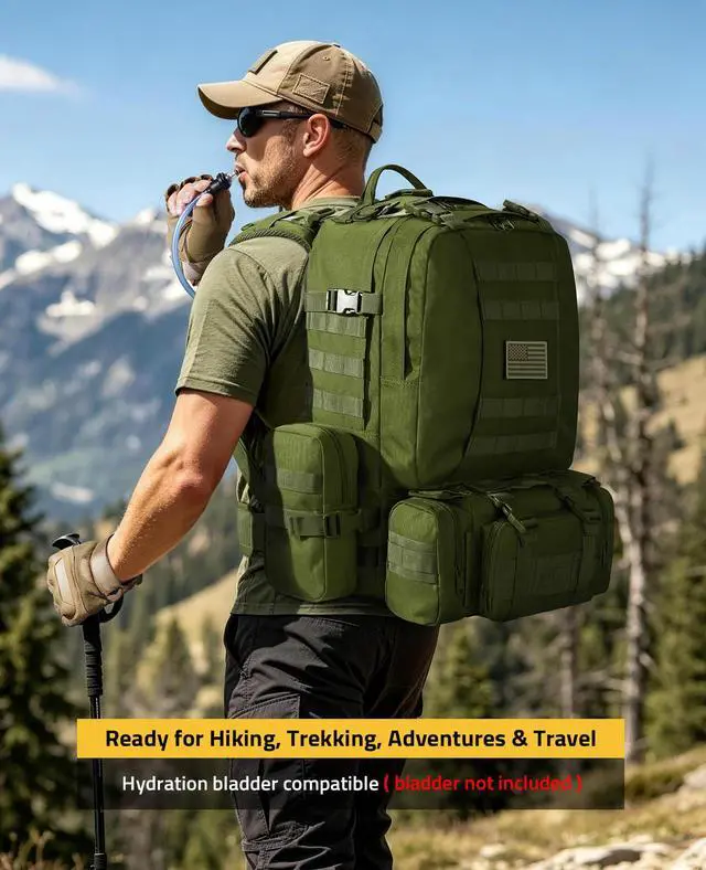Alt view image 6 of 7 - Tactical Backpack Military Army Rucksack 60L Large Assault Pack Detachable Molle Bag, Army Green