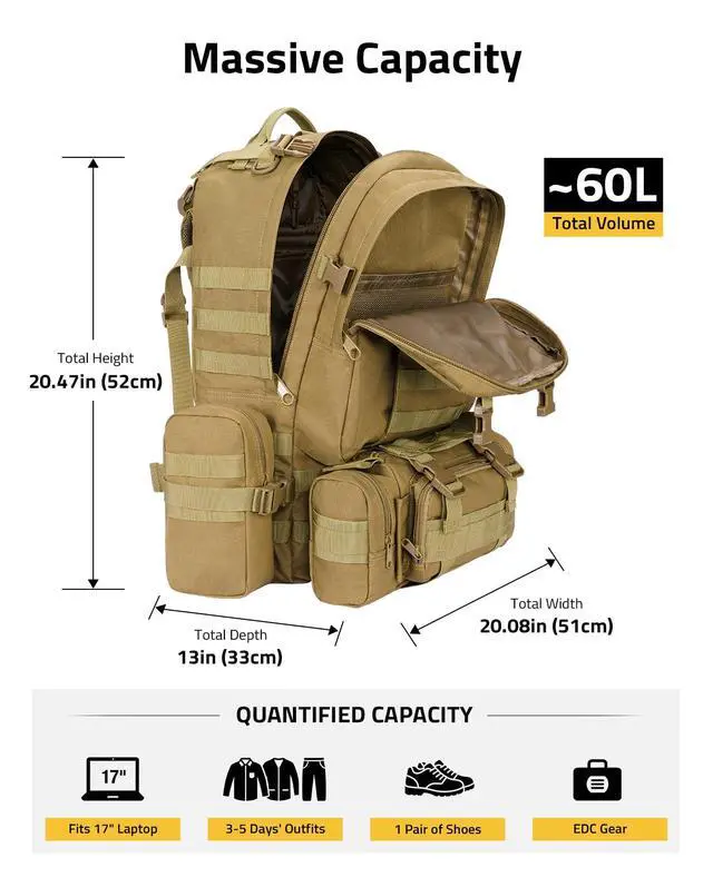 Alt view image 3 of 7 - Tactical Backpack Military Army Rucksack 60L Large Assault Pack Detachable Molle Bag