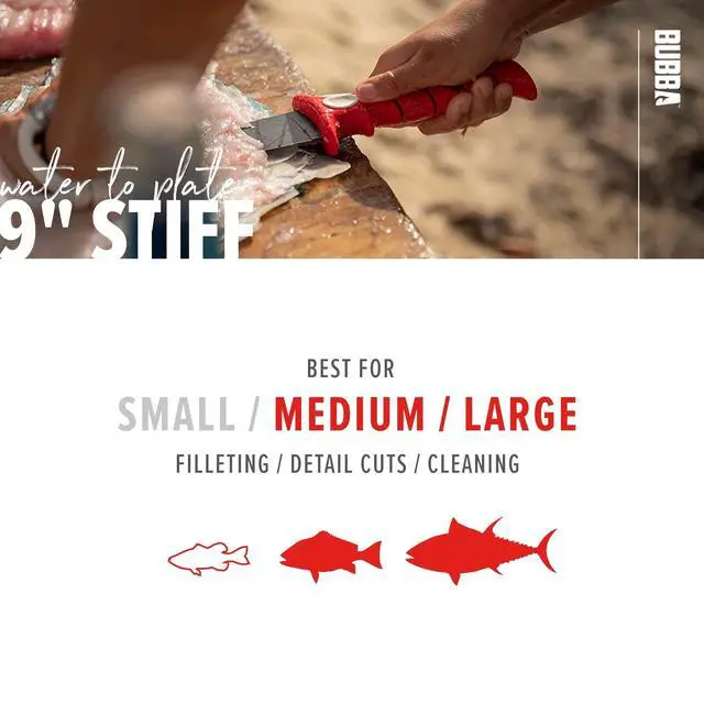 Alt view image 5 of 7 - 9 Inch Stiff Fillet Knife with Non-Slip Grip Handle, Full Tang Beveled Sushi Style Stainless Steel Non-Stick Thick Blade, Lanyard Hole and Synthetic Sheath for Fishing, Hunting and Cooking