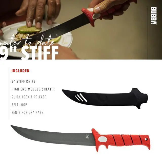 Alt view image 6 of 7 - 9 Inch Stiff Fillet Knife with Non-Slip Grip Handle, Full Tang Beveled Sushi Style Stainless Steel Non-Stick Thick Blade, Lanyard Hole and Synthetic Sheath for Fishing, Hunting and Cooking