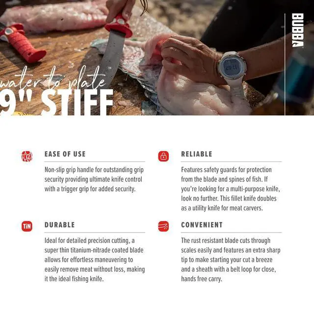 Alt view image 4 of 7 - 9 Inch Stiff Fillet Knife with Non-Slip Grip Handle, Full Tang Beveled Sushi Style Stainless Steel Non-Stick Thick Blade, Lanyard Hole and Synthetic Sheath for Fishing, Hunting and Cooking