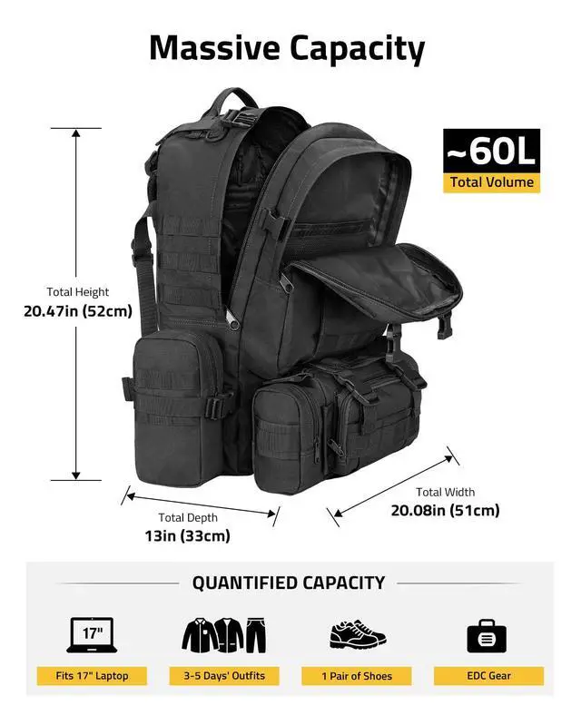 Alt view image 3 of 7 - Tactical Backpack Military Army Rucksack 60L Large Assault Pack Detachable Molle Bag