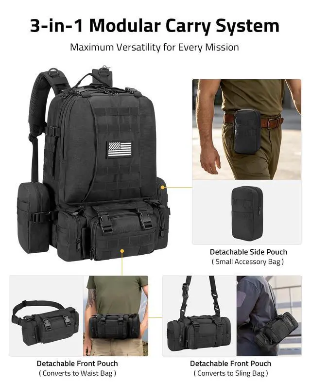 Alt view image 2 of 7 - Tactical Backpack Military Army Rucksack 60L Large Assault Pack Detachable Molle Bag