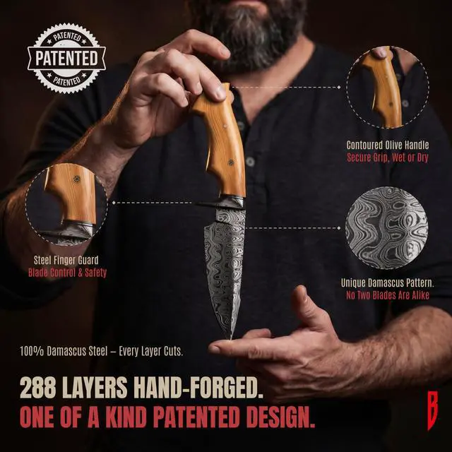 Alt view image 2 of 5 - Predator Hunter - Handmade Damascus Steel Fixed Blade Knife 10" - Olive Wood Handle & Belt Leather Sheath - Bushcraft Outdoor Camping Skinning & Survival Knife - Collector Gifts for Men