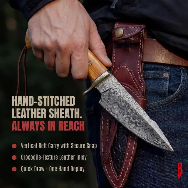 Alt view image 4 of 5 - Predator Hunter - Handmade Damascus Steel Fixed Blade Knife 10" - Olive Wood Handle & Belt Leather Sheath - Bushcraft Outdoor Camping Skinning & Survival Knife - Collector Gifts for Men