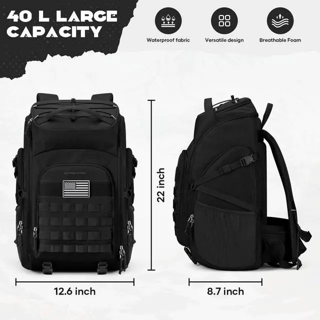 Alt view image 4 of 7 - Tactical Backpack for Men, Water Resistant 40L Military Bag | Molle System, 900d Polyester, Laptop Pocket, Load Compression, Tripod Straps, For Hunting, Travel, Hiking,Gym, Camping