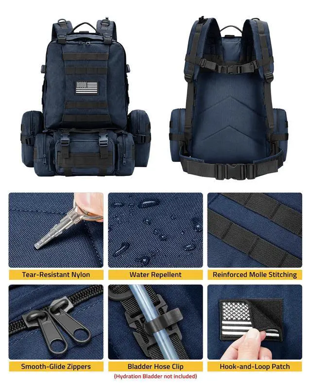 Alt view image 4 of 7 - Tactical Backpack Military Army Rucksack 60L Large Assault Pack Detachable Molle Bag, Blue