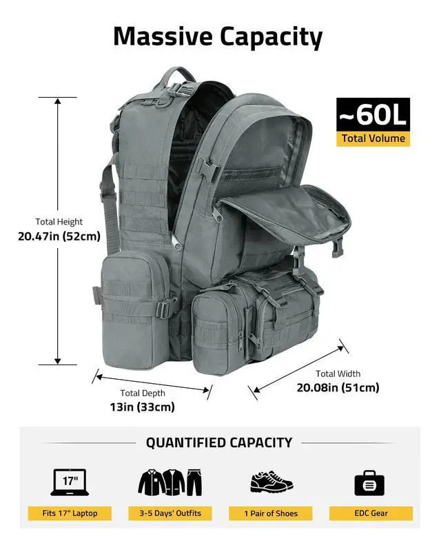 Alt view image 3 of 7 - Tactical Backpack Military Army Rucksack 60L Large Assault Pack Detachable Molle Bag, Grey