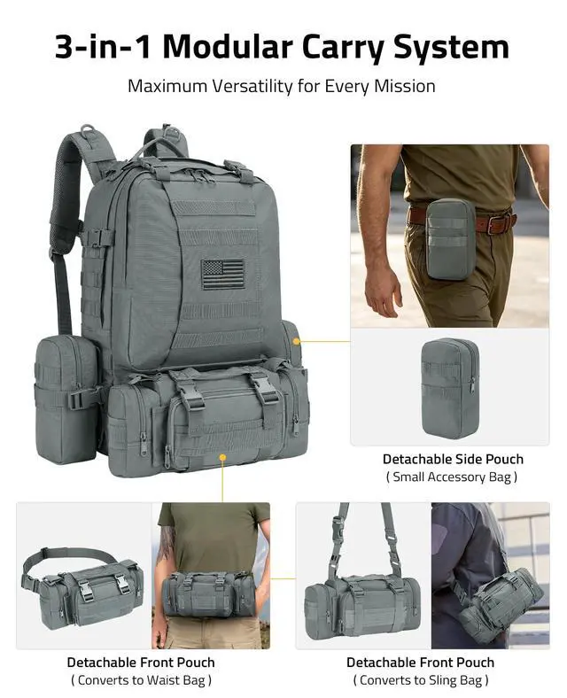 Alt view image 2 of 7 - Tactical Backpack Military Army Rucksack 60L Large Assault Pack Detachable Molle Bag, Grey