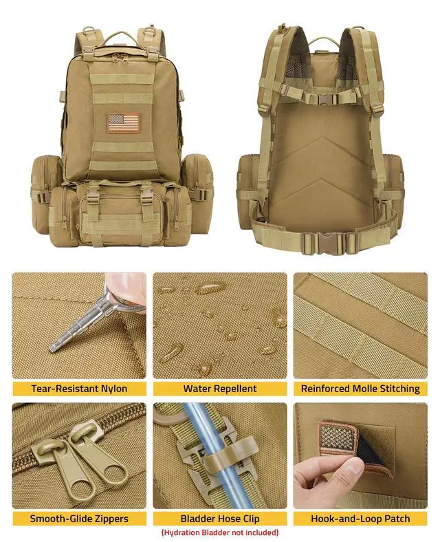 Alt view image 4 of 7 - Tactical Backpack Military Army Rucksack 60L Large Assault Pack Detachable Molle Bag