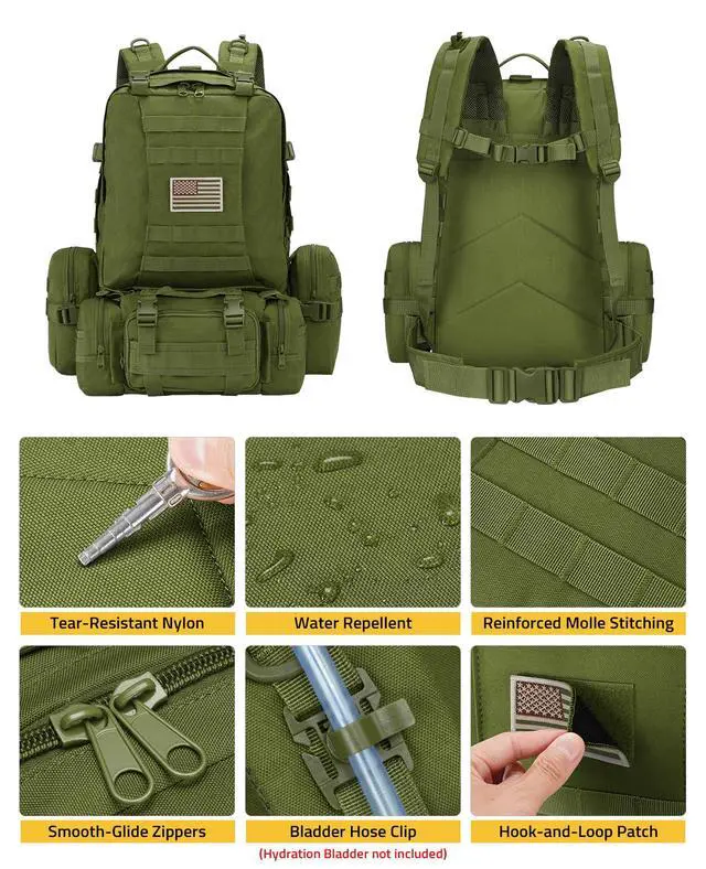 Alt view image 4 of 7 - Tactical Backpack Military Army Rucksack 60L Large Assault Pack Detachable Molle Bag, Army Green