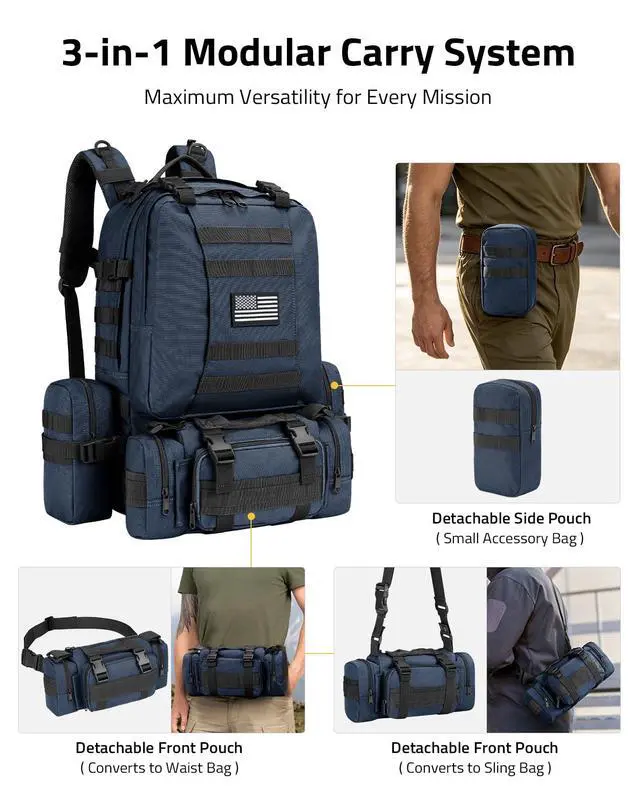 Alt view image 2 of 7 - Tactical Backpack Military Army Rucksack 60L Large Assault Pack Detachable Molle Bag, Blue