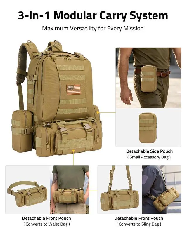 Alt view image 2 of 7 - Tactical Backpack Military Army Rucksack 60L Large Assault Pack Detachable Molle Bag