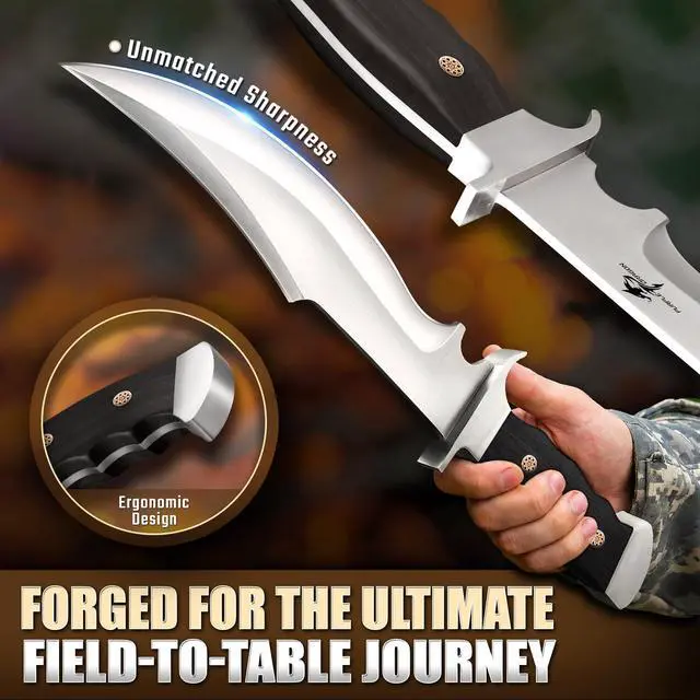 Alt view image 3 of 7 - Bowie Knife with Sheath, 10.63" Fixed Blade Knife with Wood Handle, Heavy Duty Survival Hunting Knives for Camping, Gift for Men Outdoors