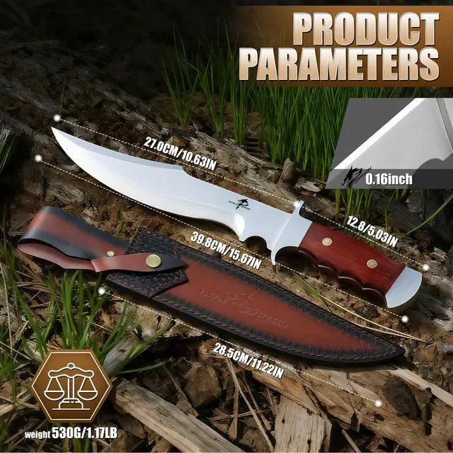 Alt view image 7 of 7 - Fixed Blade Knife with Sheath, 10.63" Survival Bowie Knife with Wood Handle, Heavy Duty D2 Steel Hunting Knives for Camping, Gift for Men Outdoors