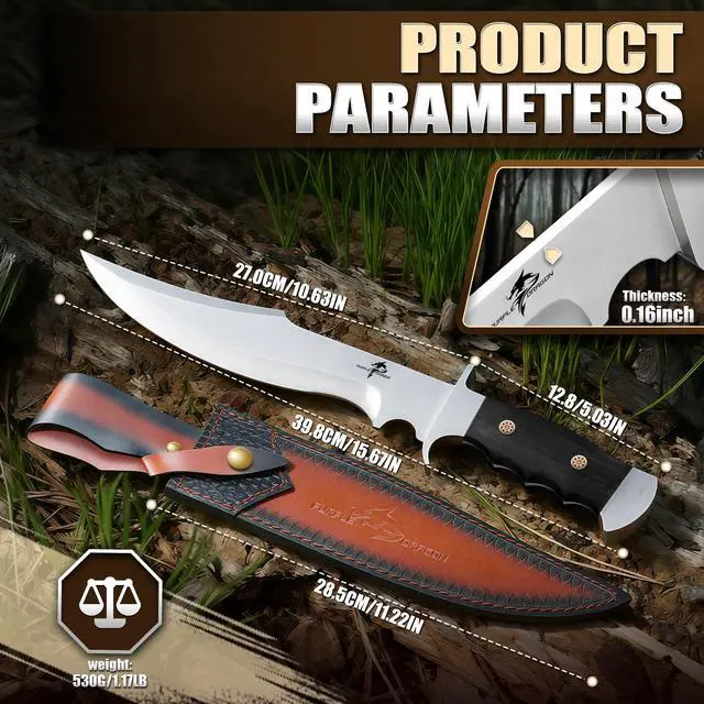 Alt view image 6 of 7 - Bowie Knife with Sheath, 10.63" Fixed Blade Knife with Wood Handle, Heavy Duty Survival Hunting Knives for Camping, Gift for Men Outdoors