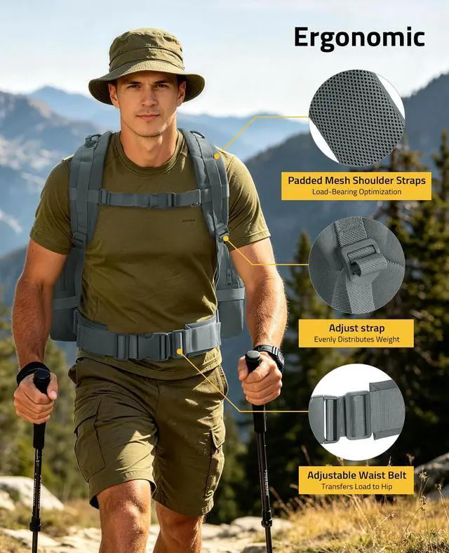 Alt view image 5 of 7 - Tactical Backpack Military Army Rucksack 60L Large Assault Pack Detachable Molle Bag, Grey