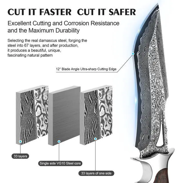 Alt view image 2 of 7 - 67-Layer Damascus Hunting Knife, 10.4" VG10 Bowie Leather Sheath | Full-tang authentic rosewood grip and protective cowhide cover for outdoor survival camping tasks