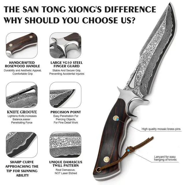 Alt view image 3 of 7 - 67-Layer Damascus Hunting Knife, 10.4" VG10 Bowie Leather Sheath | Full-tang authentic rosewood grip and protective cowhide cover for outdoor survival camping tasks