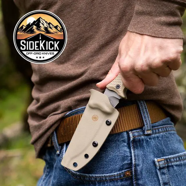 Alt view image 6 of 7 - SIDEKICK - Compact EDC Fixed Blade Knife, Scout and Vertical Carry, Sandvik 14C28N Steel, G10 Handle, Kydex Sheath, 360° Rotating Belt Clip, Camping, Fishing, Hunting, Boating (Coyote)