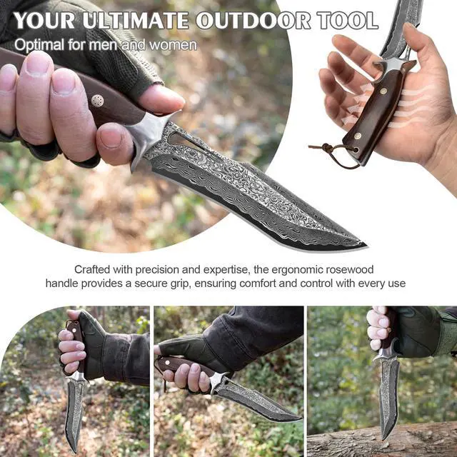 Alt view image 7 of 7 - 67-Layer Damascus Hunting Knife, 10.4" VG10 Bowie Leather Sheath | Full-tang authentic rosewood grip and protective cowhide cover for outdoor survival camping tasks
