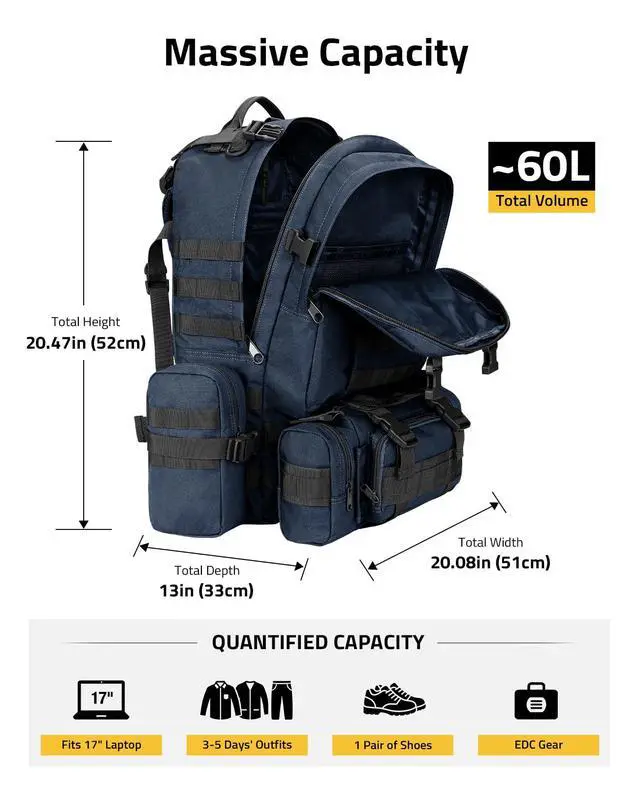 Alt view image 3 of 7 - Tactical Backpack Military Army Rucksack 60L Large Assault Pack Detachable Molle Bag, Blue
