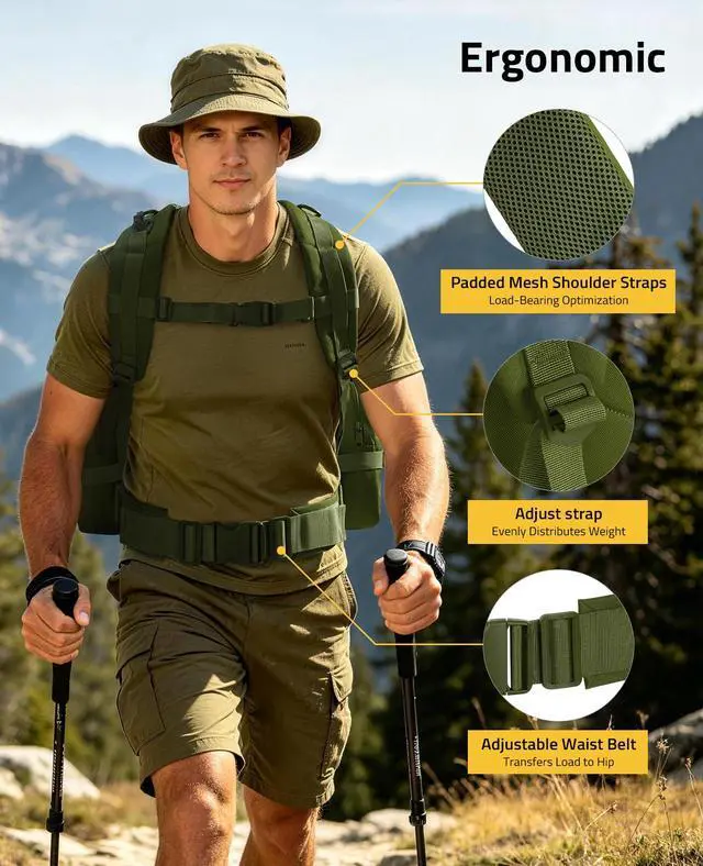 Alt view image 5 of 7 - Tactical Backpack Military Army Rucksack 60L Large Assault Pack Detachable Molle Bag, Army Green