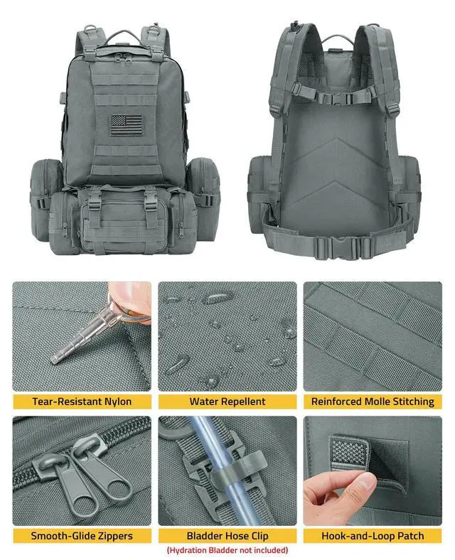 Alt view image 4 of 7 - Tactical Backpack Military Army Rucksack 60L Large Assault Pack Detachable Molle Bag, Grey