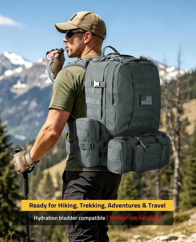 Alt view image 6 of 7 - Tactical Backpack Military Army Rucksack 60L Large Assault Pack Detachable Molle Bag, Grey