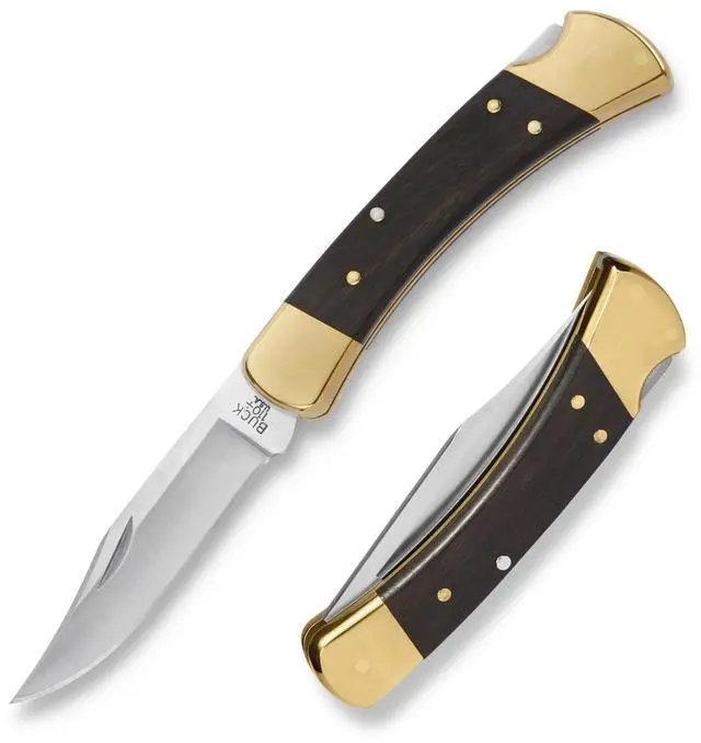 Main image of 110 Folding Hunter Knife, 3-3/4" Blade, Lockback Design, Ebony Handle, Brass Bolsters, 420HC Stainless Steel Clip Point Blade, Sheath Included, Hunting Knife Made in the USA, 7.2 oz