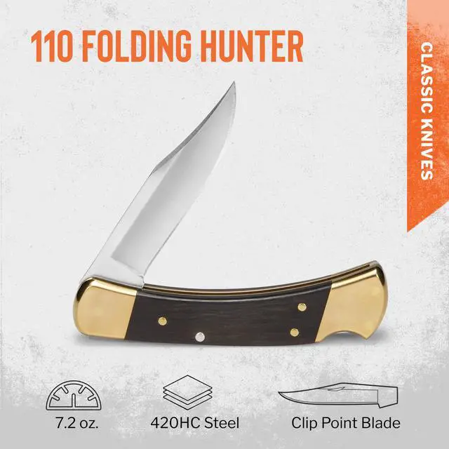 Alt view image 2 of 7 - 110 Folding Hunter Knife, 3-3/4" Blade, Lockback Design, Ebony Handle, Brass Bolsters, 420HC Stainless Steel Clip Point Blade, Sheath Included, Hunting Knife Made in the USA, 7.2 oz