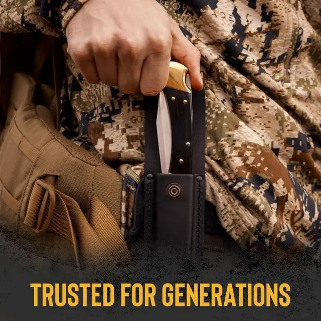 Alt view image 5 of 7 - 110 Folding Hunter Knife, 3-3/4" Blade, Lockback Design, Ebony Handle, Brass Bolsters, 420HC Stainless Steel Clip Point Blade, Sheath Included, Hunting Knife Made in the USA, 7.2 oz