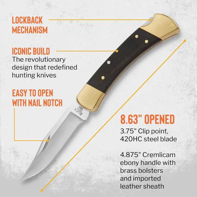 Alt view image 4 of 7 - 110 Folding Hunter Knife, 3-3/4" Blade, Lockback Design, Ebony Handle, Brass Bolsters, 420HC Stainless Steel Clip Point Blade, Sheath Included, Hunting Knife Made in the USA, 7.2 oz