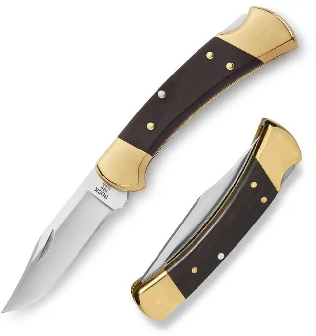 Main image of 112 Ranger Hunting Knife, 3" Blade, Lockback Design, Ebony Handle, Brass Bolsters, 420HC Stainless Steel Clip Point Blade, Sheath Included, Folding Knife Made in the USA, 5.6 oz
