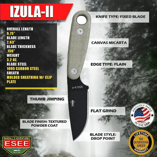 Alt view image 2 of 6 - Knives Izula-II Fixed Blade Knife, Micarta Handle, Molded Sheath, Clip Plate (Black)