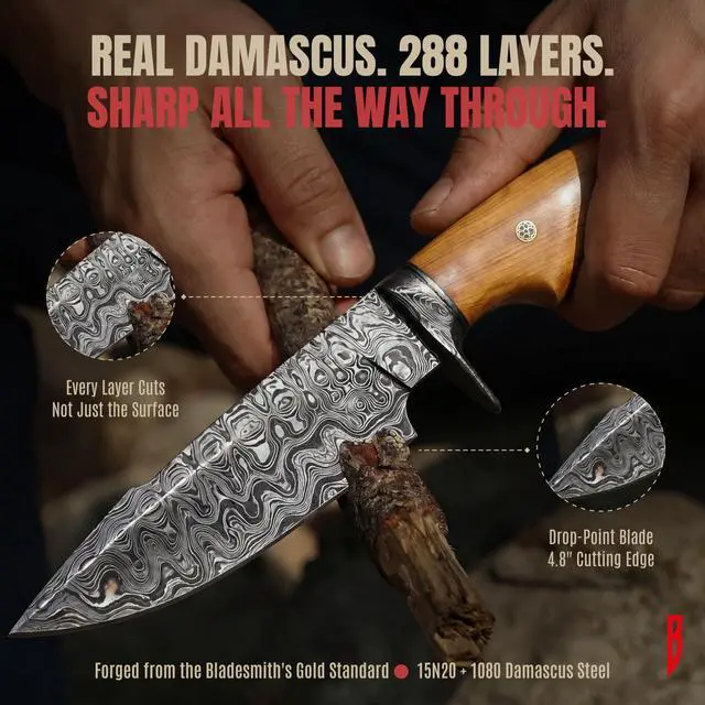 Alt view image 3 of 5 - Predator Hunter - Handmade Damascus Steel Fixed Blade Knife 10" - Olive Wood Handle & Belt Leather Sheath - Bushcraft Outdoor Camping Skinning & Survival Knife - Collector Gifts for Men