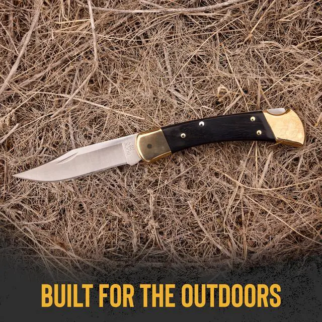 Alt view image 3 of 7 - 110 Folding Hunter Knife, 3-3/4" Blade, Lockback Design, Ebony Handle, Brass Bolsters, 420HC Stainless Steel Clip Point Blade, Sheath Included, Hunting Knife Made in the USA, 7.2 oz