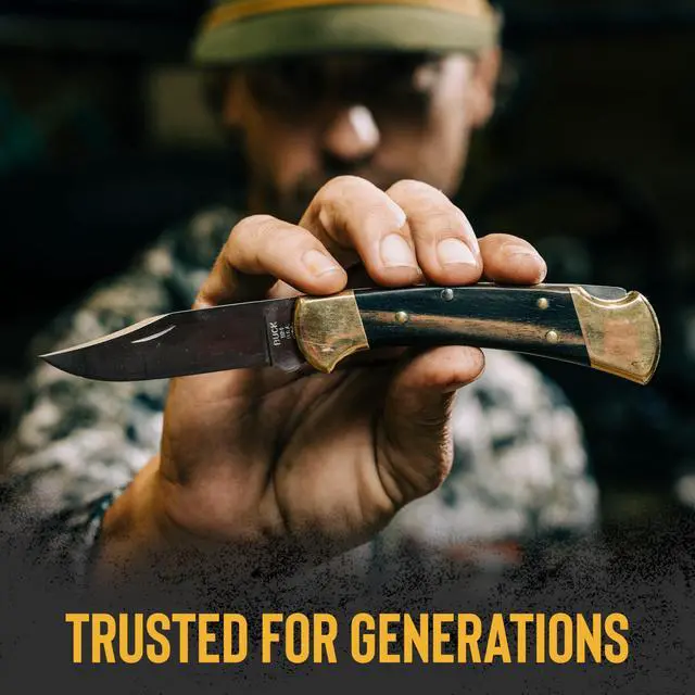 Alt view image 5 of 7 - 112 Ranger Hunting Knife, 3" Blade, Lockback Design, Ebony Handle, Brass Bolsters, 420HC Stainless Steel Clip Point Blade, Sheath Included, Folding Knife Made in the USA, 5.6 oz