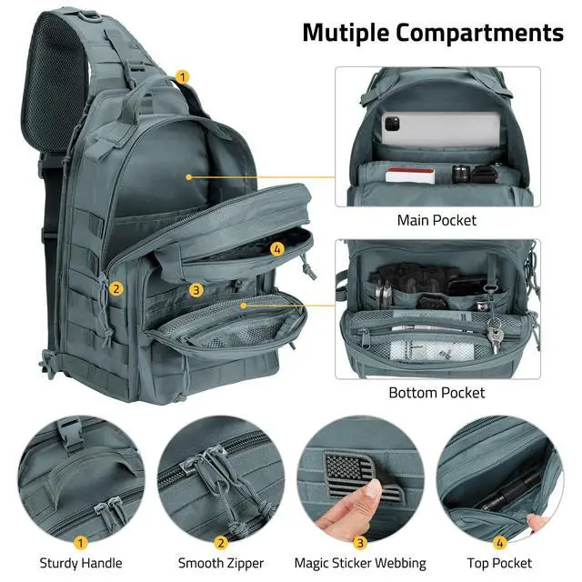 Alt view image 5 of 7 - Tactical Sling Bag Backpack for Men Military Shoulder Sling Bag Molle Army Assault Detachable Tactical Bag (Grey)