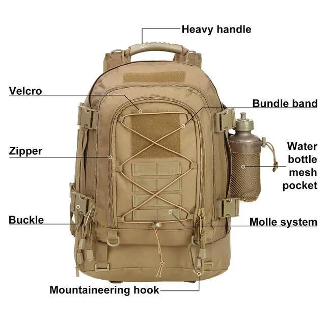 Alt view image 2 of 4 - Large Tactical Backpack for Men Military Backpack with DIY System for Travel, Work,Camping,Hunting,Hiking,Sports (TAN)