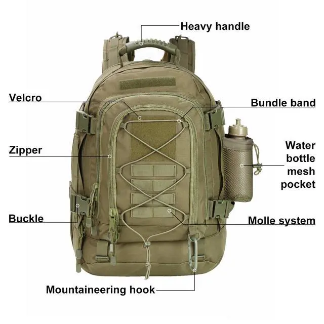 Alt view image 3 of 5 - Large Tactical Backpack for Men Military Backpack with DIY System for Travel, Work,Camping,Hunting,Hiking,Sports (GREEN)