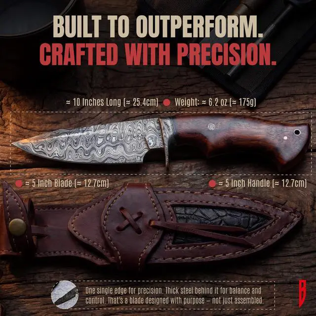 Alt view image 3 of 3 - Predator Hunter - Patented Handmade Damascus Steel Fixed Blade Hunting Knife 10" - Walnut Wood Handle & Leather Sheath - Bushcraft Outdoor Skinning & Survival Knife - Collector Men Gifts