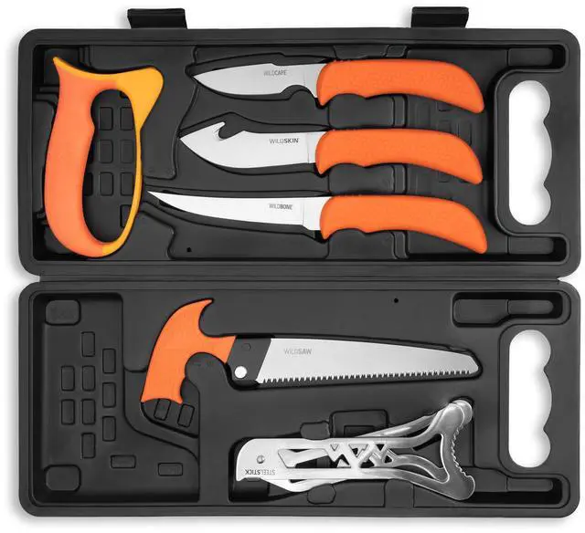 Main image of WildPak, 8-Piece Field to Freezer Hunting & Game Processing Knife Set with Caping Knife, Gut-Hook Skinner, Boning/Fillet Knife, Wood/Bone Saw, Spreader, Gloves, and Hard-Side Carry Case