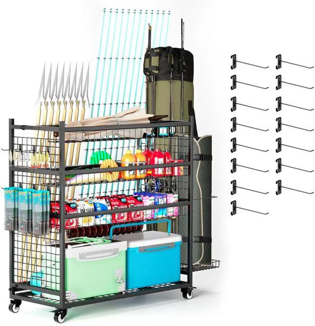 Main image of Fishing Rod Storage With 15 Hooks For Garage, 45.2in Extra Large Fishing Pole Holder Gear Organizer Rack Up To 20 Rods, Tackle Box Reel Storage Cart