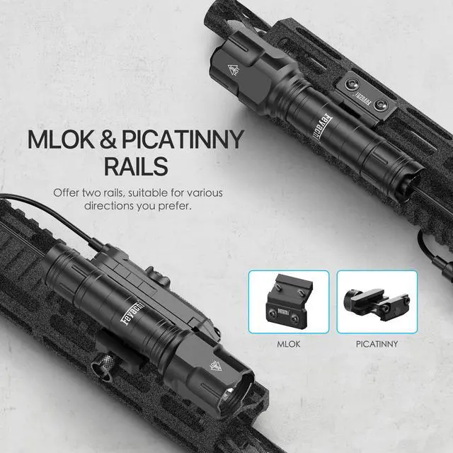 Alt view image 3 of 4 - Rifle Light 1200LM 22500Candela WL25 Tactical AR Flashlight LED Outdoor Light with Pressure Switch & Picatinny Rail Mount, 3 Modes - High/Low/Strobe (Pic & Mlok-Black)