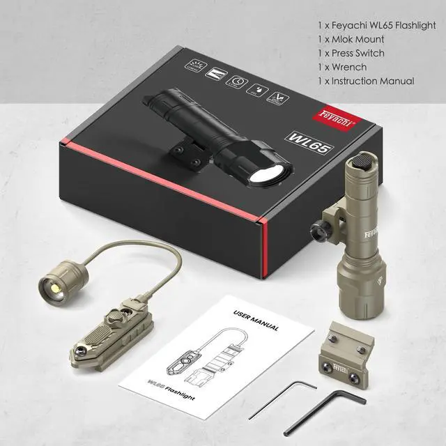 Alt view image 4 of 4 - Rifle Light 1200LM 22500Candela WL25 Tactical AR Flashlight LED Outdoor Light with Pressure Switch & Picatinny/Mlock Rail Mount, 3 Modes - High/Low/Strobe (Pic & Mlok-Khaki)