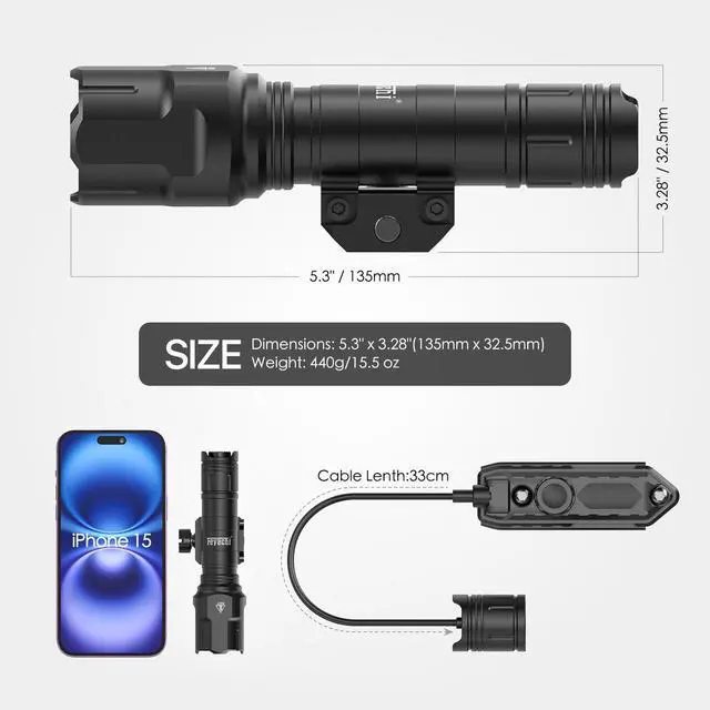 Alt view image 4 of 4 - Rifle Light 1200LM 22500Candela WL25 Tactical AR Flashlight LED Outdoor Light with Pressure Switch & Picatinny Rail Mount, 3 Modes - High/Low/Strobe (Pic & Mlok-Black)