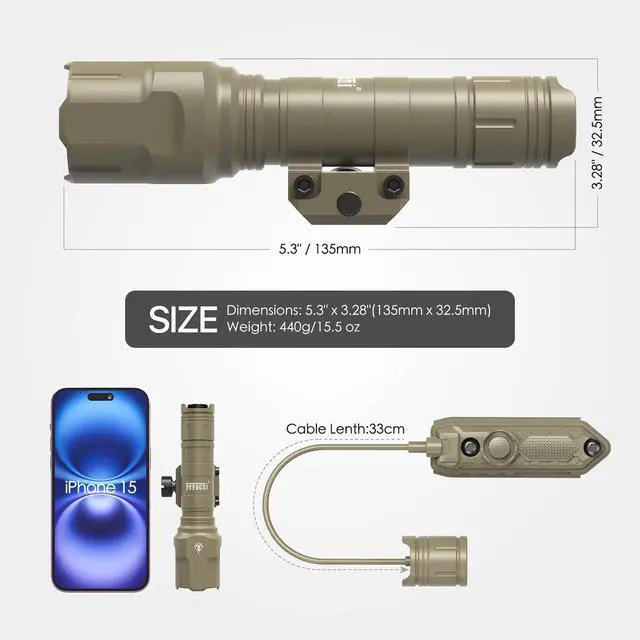 Alt view image 3 of 4 - Rifle Light 1200LM 22500Candela WL25 Tactical AR Flashlight LED Outdoor Light with Pressure Switch & Picatinny/Mlock Rail Mount, 3 Modes - High/Low/Strobe (Pic & Mlok-Khaki)