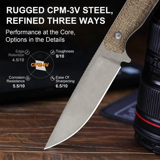 Alt view image 2 of 4 - Begleiter Fix Fixed Blade Knife, 3.78" Drop Point 3V Blade Hunting Knives with Kydex Sheath, Brown Burlap Micarta Handle EDC Knife for Camping Hunting Survival 1045MD1