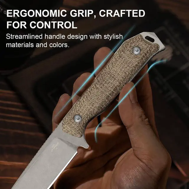 Alt view image 3 of 4 - Begleiter Fix Fixed Blade Knife, 3.78" Drop Point 3V Blade Hunting Knives with Kydex Sheath, Brown Burlap Micarta Handle EDC Knife for Camping Hunting Survival 1045MD1